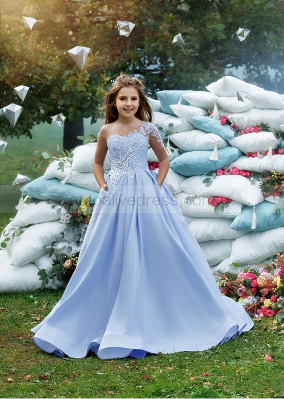 Ivory Delicate Leaf Branch Embroidered Lace Blue Satin Flower Girl Dress